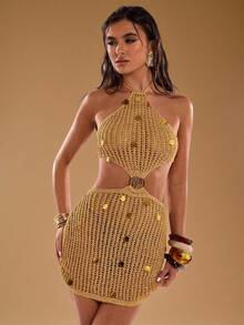 SHEIN BAE Vestido Casual com Paetês Sem Costas para Férias na Praia para Mulheres - Dourado - Visão 3