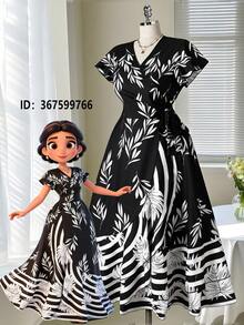 Rometta Plus Size Elegant Leaf Print Waist Cinched Dress, Summer Black And White Leaf Print Dress Black And White Floral Dress Vintage Style Dress Black And White Dress Women - Black - View 1