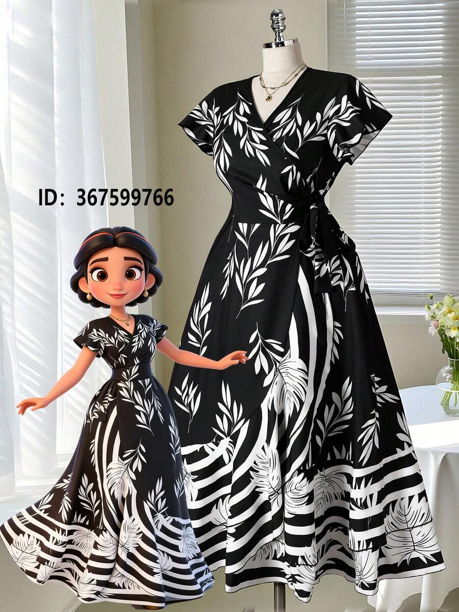 Rometta Plus Size Elegant Leaf Print Waist Cinched Dress, Summer Black And White Leaf Print Dress Black And White Floral Dress Vintage Style Dress Black And White Dress Women - Black - View 1