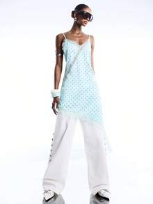 LYSMO 女士波点撞色蕾丝吊带迷你连衣裙 - 薄荷綠 - 查看 3