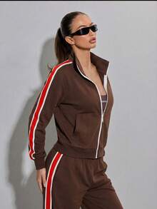 SHEIN ICON Women's Casual Contrast Color Striped Stand Collar Sweatshirt - Brown - View 3