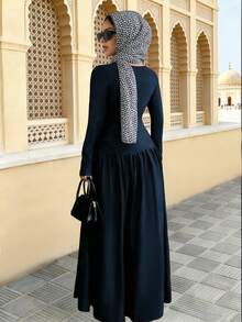 Elenzga 新款女式斜领长袖褶皱领结设计A字腰收腰显瘦度假休闲优雅长裙，春秋 - 寶藍色 - 查看 2