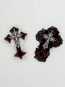 ROMWE Goth 两件套暗黑朋克风红十字发夹，哥特蕾丝边夹式头饰，Y2K辣妹暗黑亚文化发饰 - 黑白紅 - 查看 3