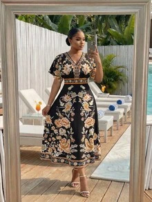 SHEIN Lady CURVE 大码女式碎花短袖优雅连衣裙 - 彩色 - 查看 7
