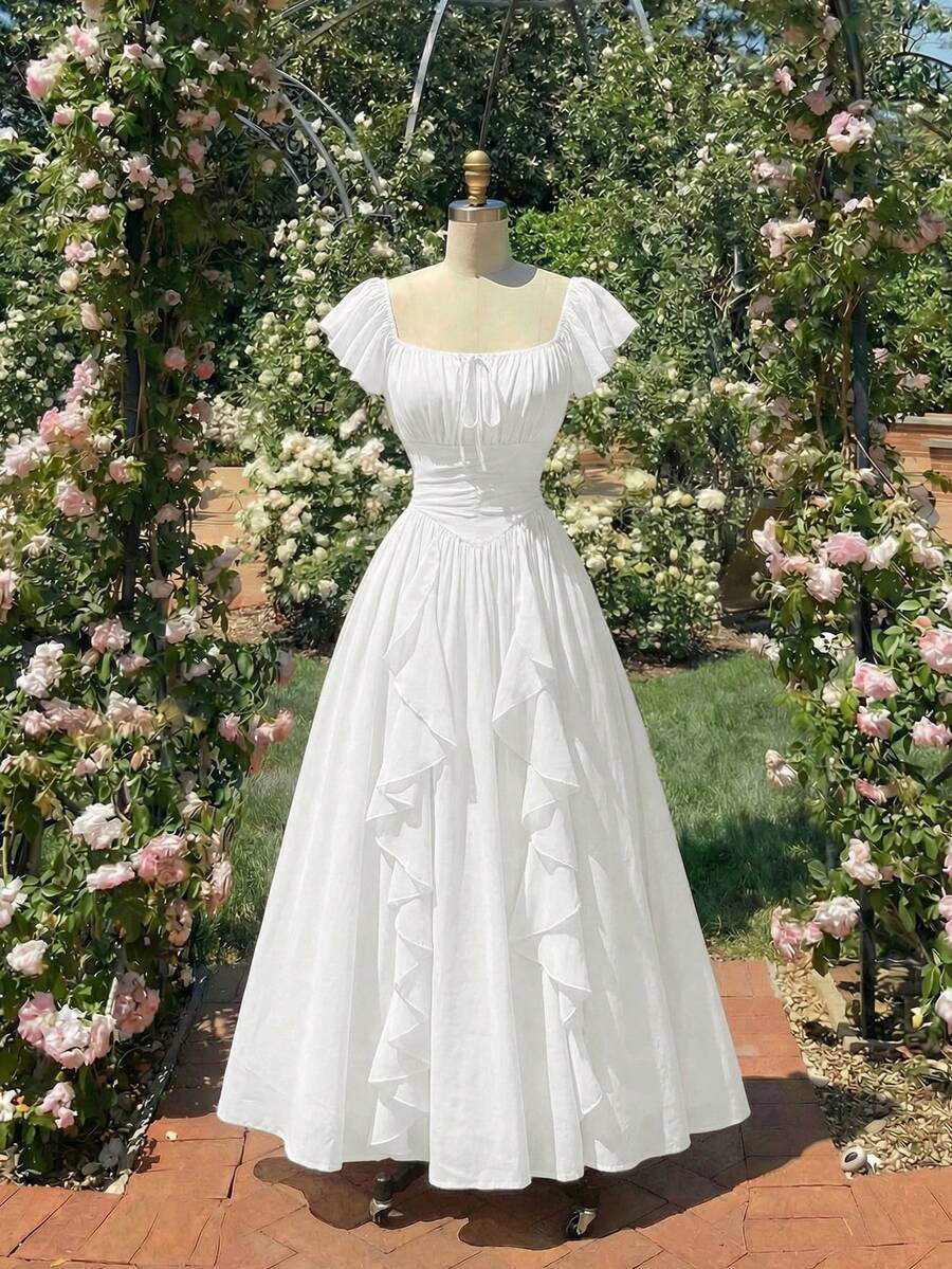 SHEIN MOD 杏色荷叶边灯笼袖女士长款连衣裙，秋季女装 - 白色 - 查看 1