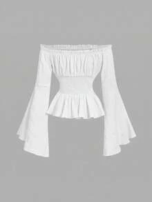 SHEIN MOD Off Shoulder Lace Up Front Ruched Bust Ruffle Hem White Waisted One-Shoulder Bell Sleeves Blouse - White - View 9