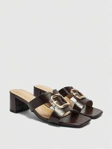 CUCCOO BIZCHIC Damen Sandalen mit Metallschnalle, einfarbig, klassischer Stil, geeignet für Büro und Pendeln, Sommer, quadratische Zehenkappe, Absatz dick - dunkelbraun - Übersicht 7