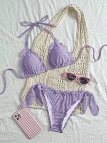 Vivid Eden Conjunto de traje de baño de unicolor y textura para vacaciones y playa - Morado - Ver 8