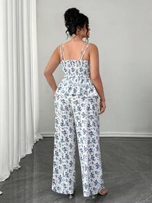 Elenzga Fashion Blue Floral Print Camisole - Summer Elegant Women's Suit - White - View 3