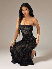 SHEIN PETITE 女士新款性感S型蕾丝长袖抹胸方领紧身黑色长裙，适合派对、约会、晚宴等场合 - 黑色 - 查看 1