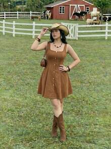 SHEIN MOD Plus Size Suede Retro Square Collar Dress, Collegiate Style, Suitable For Spring/Summer Office Commute.Plus Size Brown Suede Look Dress Sleeveless Design Gold Button Front Fit And Flare Shape Square Neckline Soft Texture Rich Caramel Color Flattering Waist Structured Bodice Flared Skirt Subtle Sheen Elegant Lines Comfortable Fit Timeless Style Artistic Silhouette Minimal Detailing Classic Charm Refined Appearance - Brown - View 7