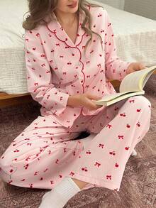 DAZY Cute Bow & Cherry Print Contrast Color Embroidered Collar Women Pajama Set - Pink - View 8