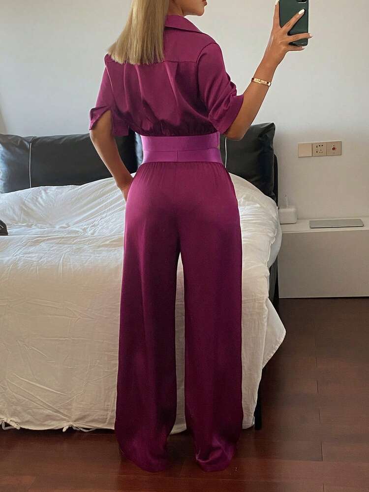 Women's Satin Sleepwear Set With Waist Cinching Short Top And Long Pants, Summer