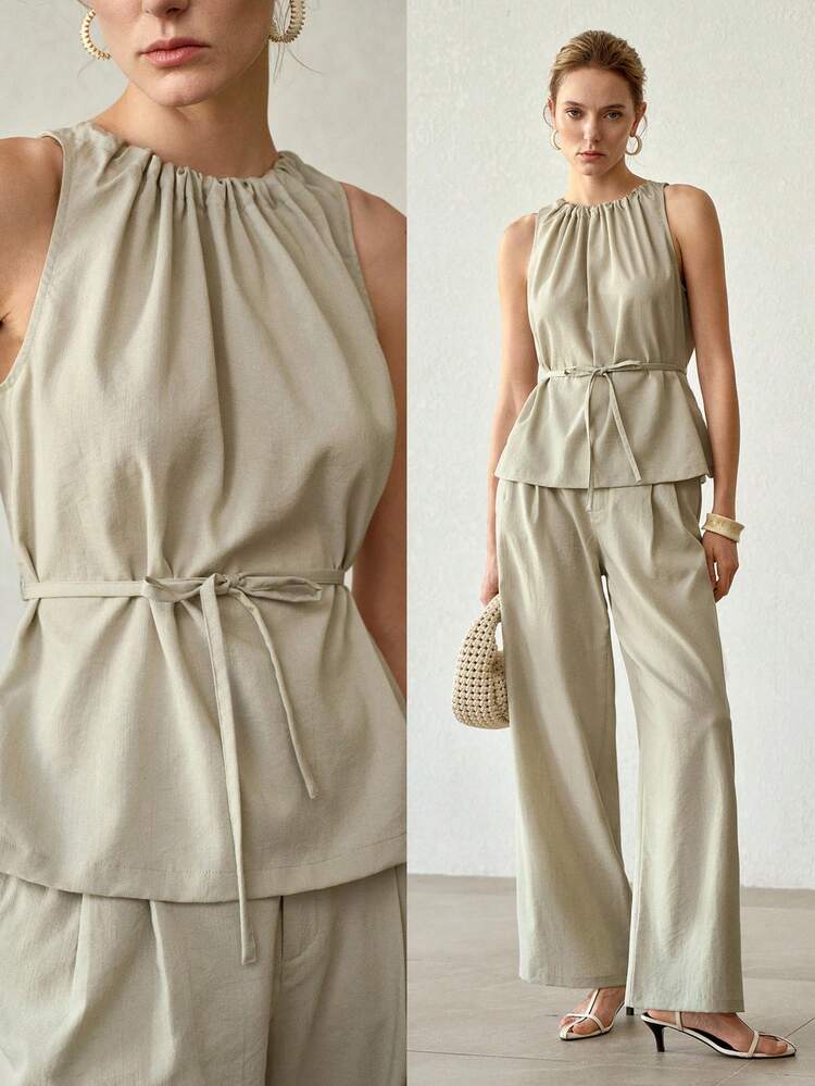 ELEGANT FASHIONABLE FOLD PLEATED BELTED RELAXED FIT SLEEVELESS TOP & WIDE LEG PANTS 2 PIECES SET, SUMMER