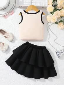 Girls' Stylish Contrast Color Sleeveless Top & Layered Skirt Set With Bow & Pearl Decor,Elegant Two Pieces Summer Birthday Party Outfit For School - Apricot - View 2