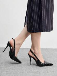 CUCCOO BIZCHIC Elegant Women Slingback Heels Textured Glossy Finish Pointed Toe Stiletto High Heel Pumps - Black - View 4