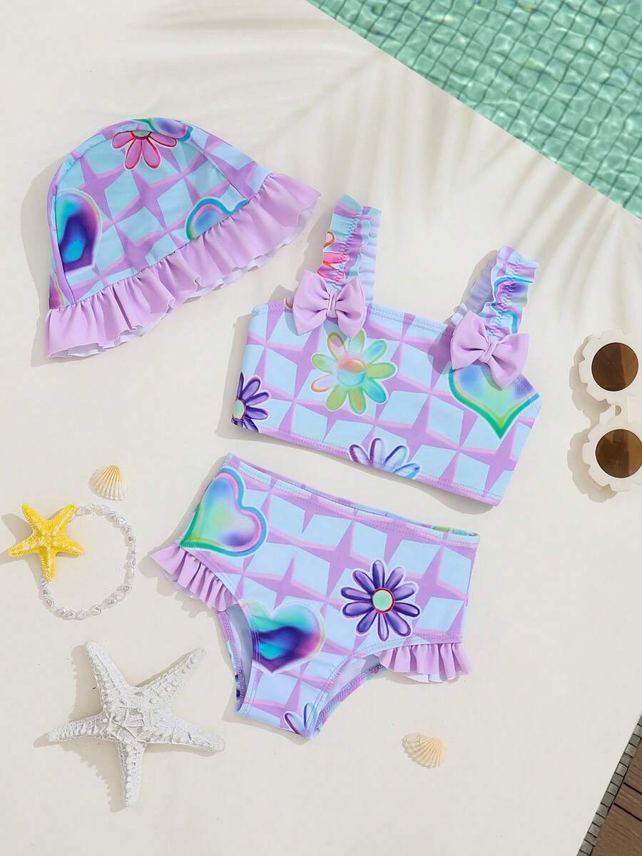 SHEIN Playful Pals 女婴三件套针织爱心花朵装饰荷叶边沙滩套装,含可爱帽子,面料舒适,适合海滩度假 - 彩色 - 查看 1