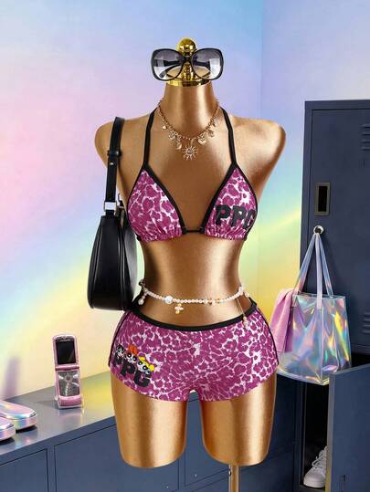 THE POWERPUFF GIRLS X SHEIN Conjunto de bikini de verano para mujer con estampado de letras y leopardo, con escote halter y lazos, traje de baño sexy