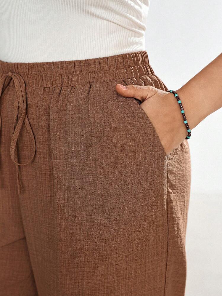 Linhara CURVE Plus Size Women's Early Spring Brown Casual Simple Drawstring Harem Pants - Brown - View 6
