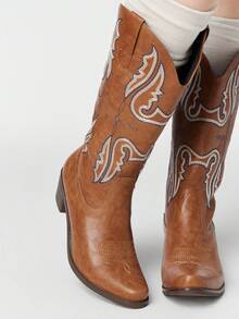 ROMWE Fairycore 2025 Botas de Cowboy Bordadas Ocidentais Retrô do Interior Britânico, Botas de Outono para Mulheres - Castanho - Visão 4