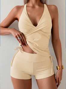 Swim Basics 2pcs/Set Olive Green Twist Cup Criss-Cross Back Ruched Tie Side Women Swimwear Set - Apricot - View 4