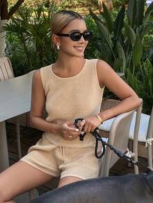 DAZY 女士休闲针织背心和短裤套装，宽松家居服 - 杏色 - 查看 8