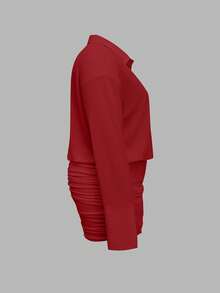 Cévolie Plus Size Women's Solid Color Button Pleated Fashion Date Party Mini Dress - Red - View 4