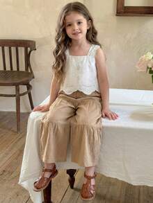 Emery Rose Kids Emery Rose Kids 2件套少女纯色梭织方领荷叶边休闲吊带背心和长裤套装 - 白色 - 查看 3