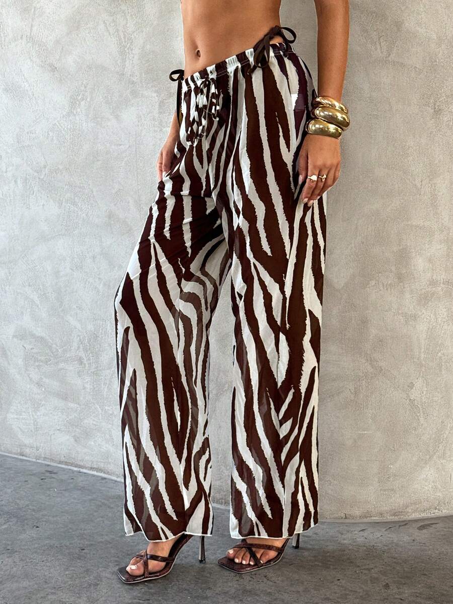 Aloruh 女士新款斑马纹沙滩裤，低腰阔腿长裤，女士度假装 - 彩色 - 查看 1
