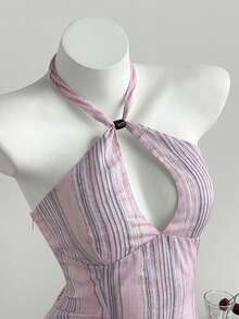 Elamini Women's Retro Striped Tie-Up Fitted Mini Dress, Spring/Summer Halter Dress For Women Sexy Sundress Summer Sexy Dress Bodycon Summer Dress Split Thigh Dress - Pink - View 1