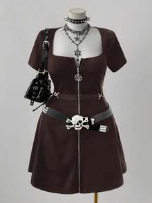 Sweetra Whyspr-D Plus Size Women's Fashion Casual Punk Rock Metal Zipper Pentagram Buckle Plus Size A-Line Short Sleeve Dress, Suitable For Daily Wear, Back To School, Halloween, Holidays - Brown - View 5