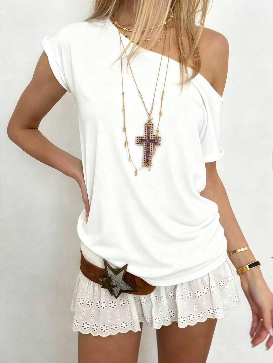 INAWLY 女士休闲露肩T恤，白色，时尚夏季装扮，性感不对称设计，街头风，女士T恤 - 彩色 - 查看 1