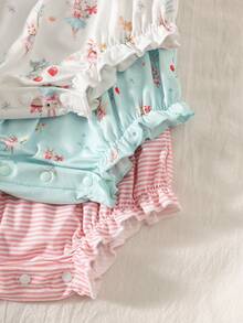 SHEIN 3pcs Newborn Baby Girl Sleeveless Romper Set | Soft White / Light Blue / Pink Striped, Fabric, Ruffle Trim, Rabbit & Strawberry Floral Decor, Cute & Sweet Style, Suitable For Newborn, Festivals, Parties, Outings, Photo Shoots Baby Clothes Baby Girl Clothing Ootd For Baby Girl 0 To 12months Baby Girl Outfit Baby Romper Rompers For Baby Girl Babies Clothes Baby Girl Outfits - Multicolor - View 6