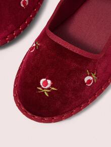 CUCCOO DOLLMOD Zapatos de mujer clásicos de terciopelo burdeos con bordado de flores y lazo Mary Jane planos - Burdeos - Ver 7