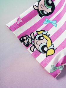 THE POWERPUFF GIRLS X SHEIN 女童条纹卡通印花短袖上衣和短裤休闲家居服套装 - 粉色 - 查看 8