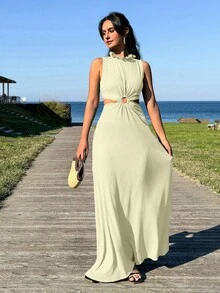 RueChic Green Back Detail Summer Long Dress - Apricot - View 3