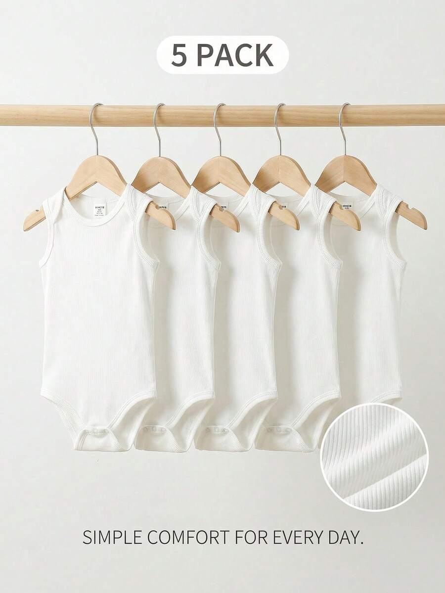 SHEIN Playful Pals 5 Pack Baby Boy Clothes Infant Toddler Boys Outfit Sets Casual Solid Ribbed Knit Sleeveless Romper Bodysuit One Piece Bathing Suit Style Basic White Top Tops Summer Clothes Essentials For Vacation Travel - White - View 1