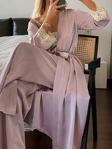 3pcs Romantic Elegant Wedding Satin & Lace Patchwork Robe, Camisole & Pants Sleepwear Set For Women - Pink - View 7