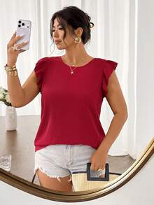 SHEIN Frenchy Plus Size Women's Solid Color Round Neck Tie Back Casual Versatile Daily Wear Short Sleeve Blouse - Red - View 2