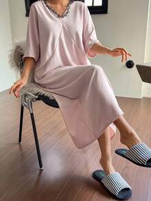 DAZY Women's Elegant Sequin Ruffle Collar Loose Nightgown, Summer - Pink - View 5