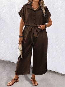SHEIN LUNE CURVE Plus Size Printed Tie-Waist Short Sleeve Jumpsuit - Brown - View 6