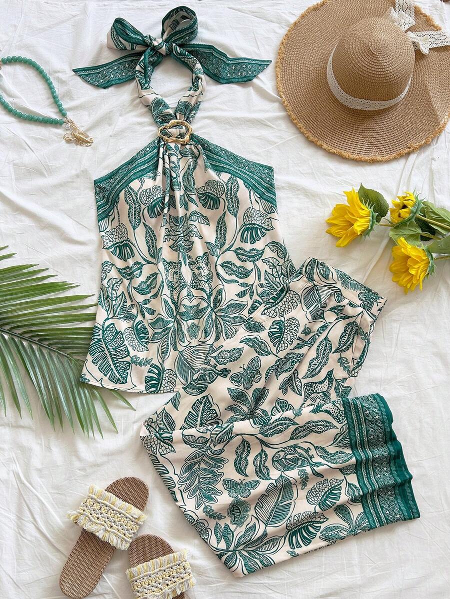 Soleia Women's Tropical Print Halter Top And Pants Two Pieces Set, Vacation Beach Style