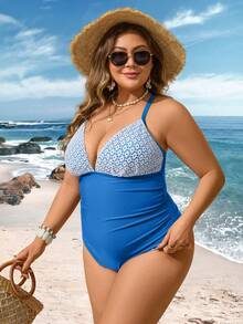 Swim Lushoire New Summer Beach Vacation Elegant Color Block Plus Size One-Piece Swimsuit - Blue - View 3