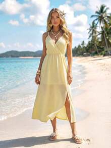 Sylviya Damen lässiges rückenfreies Trägerkleid für den Sommerurlaub - Gelb - Übersicht 5