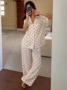 DAZY 2pcs/Set Women Heart Pattern Loose Cardigan Short Sleeve & Straight Leg Long Pants Pajama Set, Summer - White - View 6