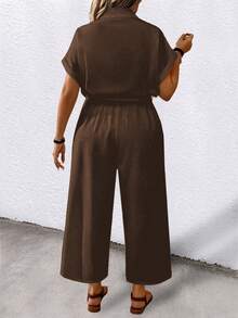 SHEIN LUNE CURVE Plus Size Printed Tie-Waist Short Sleeve Jumpsuit - Brown - View 2
