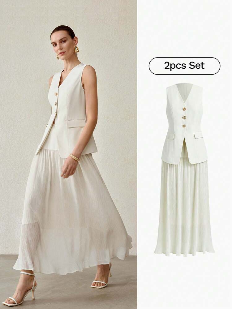 WOMEN'S ELEGANT METAL BUCKLE VEST AND PLEATED SKIRT SET