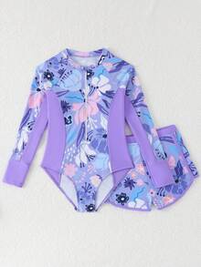 SHEIN 少女紫色碎花拼接连体泳衣套装（含短裤），适合夏季度假 - 紫色 - 查看 5