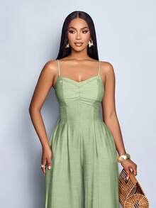 SOLERSUN Women's Draped Front Draped Collar Lace Up Backless Wide Leg Cami Jumpsuit, For Everyday Wear & Vacation - Green - View 7