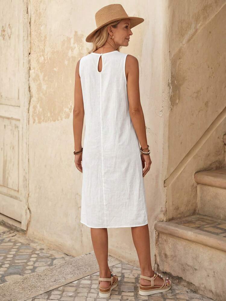 Casual Cotton Sleeveless Round Neck A-Line Dress For Summer White Dress